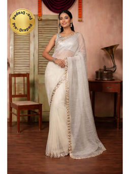Isadora Life - Womens Sequined Mirror Work White Pre-Draped Saree With Unstitched Blouse