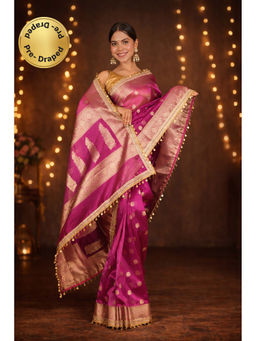 Isadora Life - Womens Woven Zari Purple Pre-Draped Saree With Unstitched Blouse