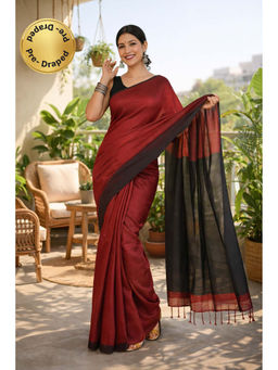 Isadora Life - Womens Colorblock Tassels Maroon Pre-Draped Saree With Unstitched Blouse
