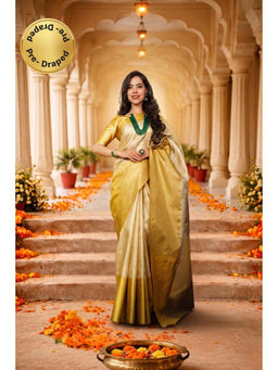 Isadora Life - Womens Woven Zari Ivory Pre-Draped Saree With Unstitched Blouse