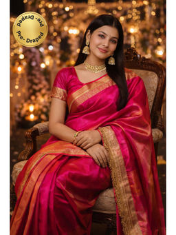 Isadora Life - Womens Woven Zari Pink Pre-Draped Saree With Unstitched Blouse