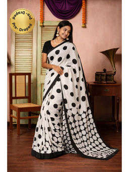Isadora Life - Womens Polka Dots Printed White Pre-Draped Saree With Unstitched Blouse