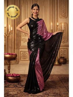 Isadora Life - Womens Sequined Black Pre-Draped Saree With Unstitched Blouse
