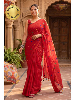 Isadora Life - Womens Embroidered Tassels Red Pre-Draped Saree With Unstitched Blouse