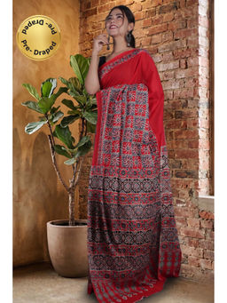 Isadora Life - Womens Printed Red Pre-Draped Saree With Unstitched Blouse