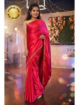 Isadora Life - Womens Solid Embroidered Red Pre-Draped Saree with Unstitched Blouse