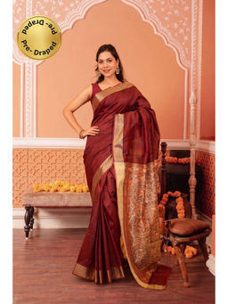Isadora Life - Womens Woven Tassels Maroon Pre-Draped Saree with Unstitched Blouse