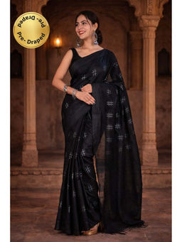 Isadora Life - Womens Printed Tassels Black Pre-Draped Saree with Unstitched Blouse
