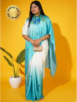 Isadora Life - Womens Ombre Printed Multi-Color Pre-Draped Saree with Unstitched Blouse