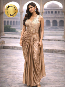 MABISH LUXE - Gold Leaf Pre-Draped Saree with Stitched Blouse