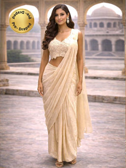 MABISH LUXE - White Pearl Glass Pre-Draped Saree with Stitched Blouse