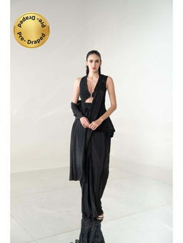 Rizabella - Women's Black Luxe Peplum Pre Drape Saree with Stitched Blouse