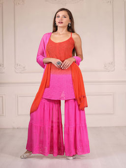 ILLICA - Fuchsia Pink And Orange Ombre Shaded Chikankari Kurti with Sharara & Dupatta