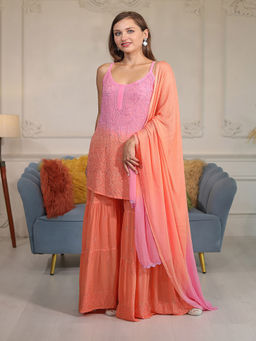 ILLICA - Pink & Orange Ombre Shaded Chikankari Kurti with Sharara & Dupatta
