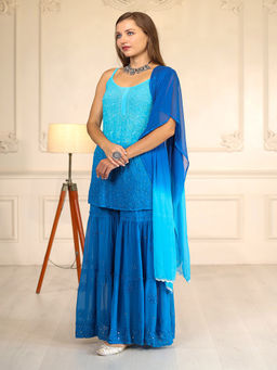 ILLICA - Royal Blue Chikankari Ombre Kurti with Sharara & Dupatta