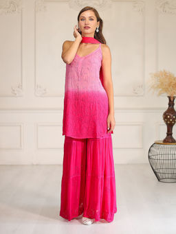 ILLICA - Pink Tamannah Shaded Chikankari Kurti with Sharara & Dupatta
