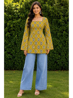 JAIMINI - Women's Mustard Cotton Printed Square Neck Full Sleeves Tunic
