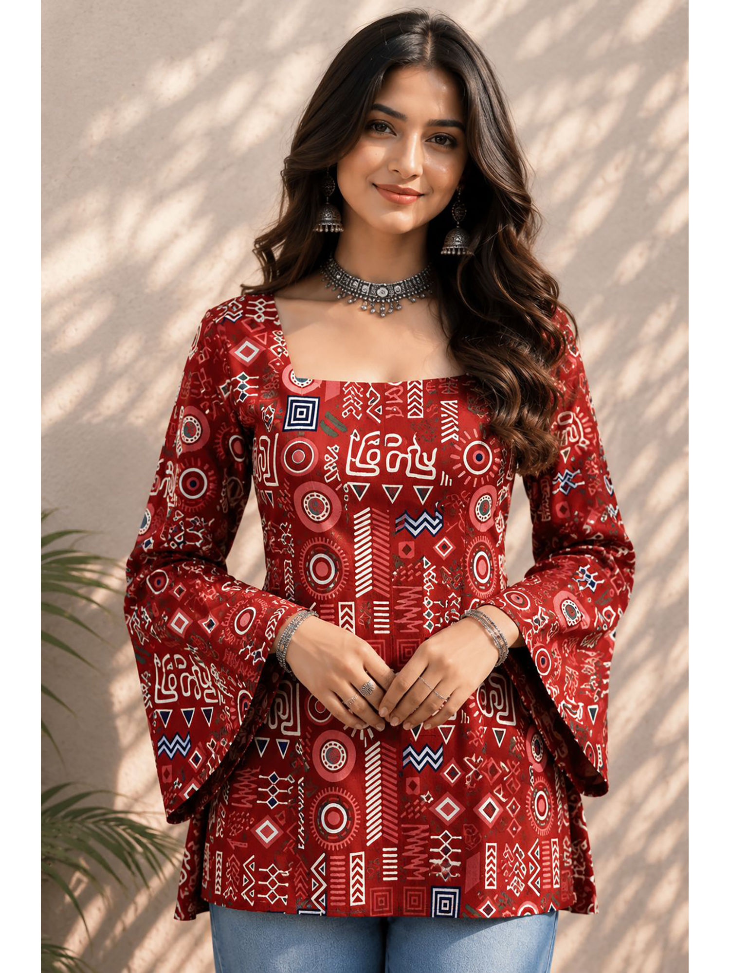 jaimini Women's Red Cotton Printed Square Neck Full Sleeves Tunic-picture-15