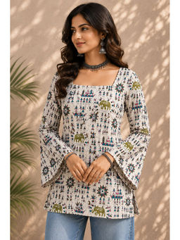 JAIMINI - Women's White Cotton Printed Square Neck Full Sleeves Tunic