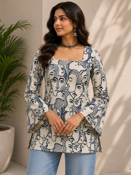 JAIMINI - Women's White Cotton Printed Square Neck Full Sleeves Tunic