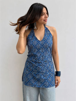 JAIMINI - Women's Blue Cotton Printed Halter Neck Sleeveless Tunic