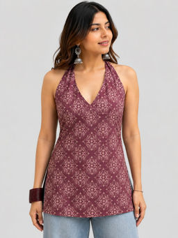 JAIMINI - Women's Mauve Cotton Printed Halter Neck Sleeveless Tunic