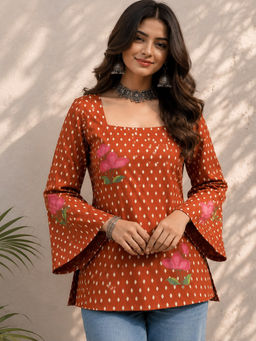 JAIMINI - Women's Rust Cotton Printed Square Neck Full Sleeves Tunic