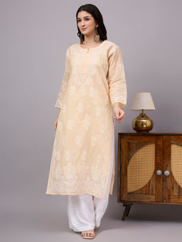The Chikan Label - Mira Rayon Chikankari Kurti with Palazzo - Beige