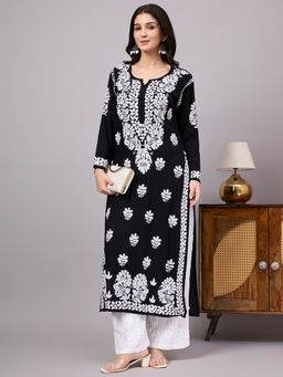 The Chikan Label - Mira Rayon Chikankari Kurti with Palazzo - Black