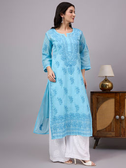 The Chikan Label - Mira Rayon Chikankari Kurti with Palazzo & Slip - Blue
