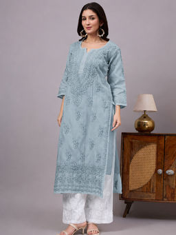 The Chikan Label - Mira Rayon Chikankari Kurti with Palazzo - Grey