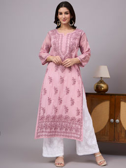 The Chikan Label - Mira Rayon Chikankari Kurti with Palazzo - Pink