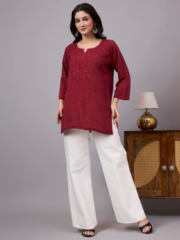 The Chikan Label - Mira Rayon Chikankari Kurti with Palazzo - Maroon