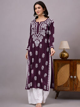 The Chikan Label - Mira Rayon Chikankari Kurti with Palazzo - Purple