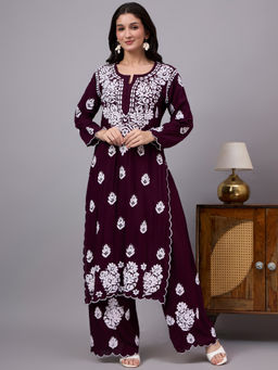 The Chikan Label - Najat Rayon Chikankari Kurti with Palazzo - Wine