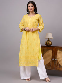 The Chikan Label - Najat Rayon Chikankari Kurti with Palazzo - Yellow