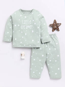 Clt.s - Kids Green Typography Print Full Sleeve Night Suit (Set of 2)