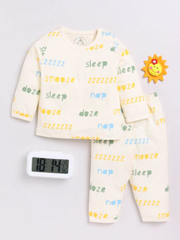 Clt.s - Kids Cream Typography Print Full Sleeve Night Suit (Set of 2)