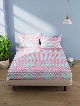 BIANCA - Cotton Double Bedsheet With 2 Pillow Covers -3Pc Set Geometric-Teal, Pink (Queen)