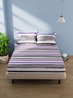 BIANCA - Cotton Double Bedsheet With 2 Pillow Covers -3Pc Set Stripe-Grey, Purple (Queen)