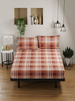 BIANCA - Pure Cotton Double Bedsheet -3Pc Set Checks-Brown (Queen)