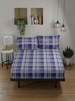 BIANCA - Pure Cotton Double Bedsheet -3Pc Set Checks-Cobalt Blue (Queen)