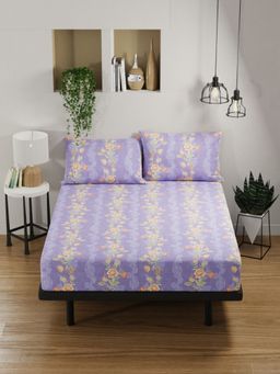 BIANCA - Pure Cotton Double Bedsheet -3Pc Set Floral-Lilac, Orange (Queen)