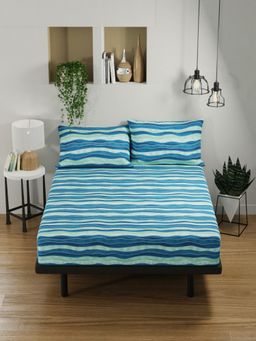 BIANCA - Pure Cotton Double Bedsheet -3Pc Set Stripe-Blue, Mint (Queen)