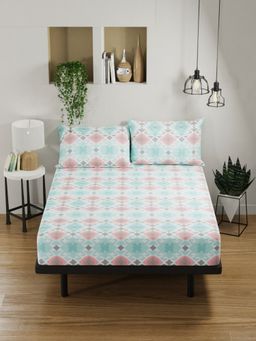 BIANCA - Pure Cotton Double Bedsheet -3Pc Set Abstract-Turq, Red (Queen)