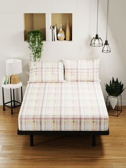 BIANCA - Pure Cotton Double Bedsheet -3Pc Set Checks-Gold, Brown (Queen)