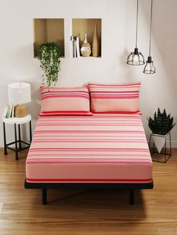 BIANCA - Pure Cotton Double Bedsheet -3Pc Set Stripe-Brick, Wine (Queen)