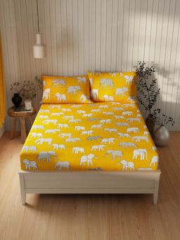 BIANCA - Extra Smooth Cotton Double Bedsheet -3Pc Set Ornamental-Brightyellow (Queen)