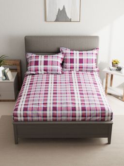BIANCA - Pure Cotton Double Bedsheet With 2 Pillow Covers -3Pc Set Checks-Cream Berry (Queen)