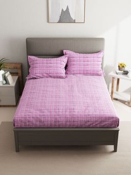 BIANCA - Pure Cotton Double Bedsheet With 2 Pillow Covers -3Pc Set Checks-Light Purple (Queen)